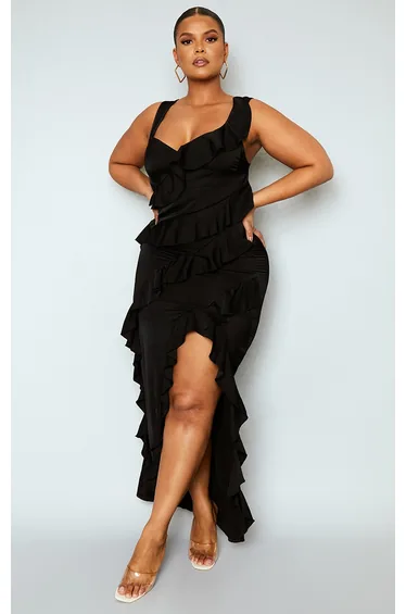 Plus Black Satin Frill Layered Midiaxi Dress