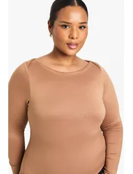 Plus Wide Neck Long Sleeve Top - taupe - 3