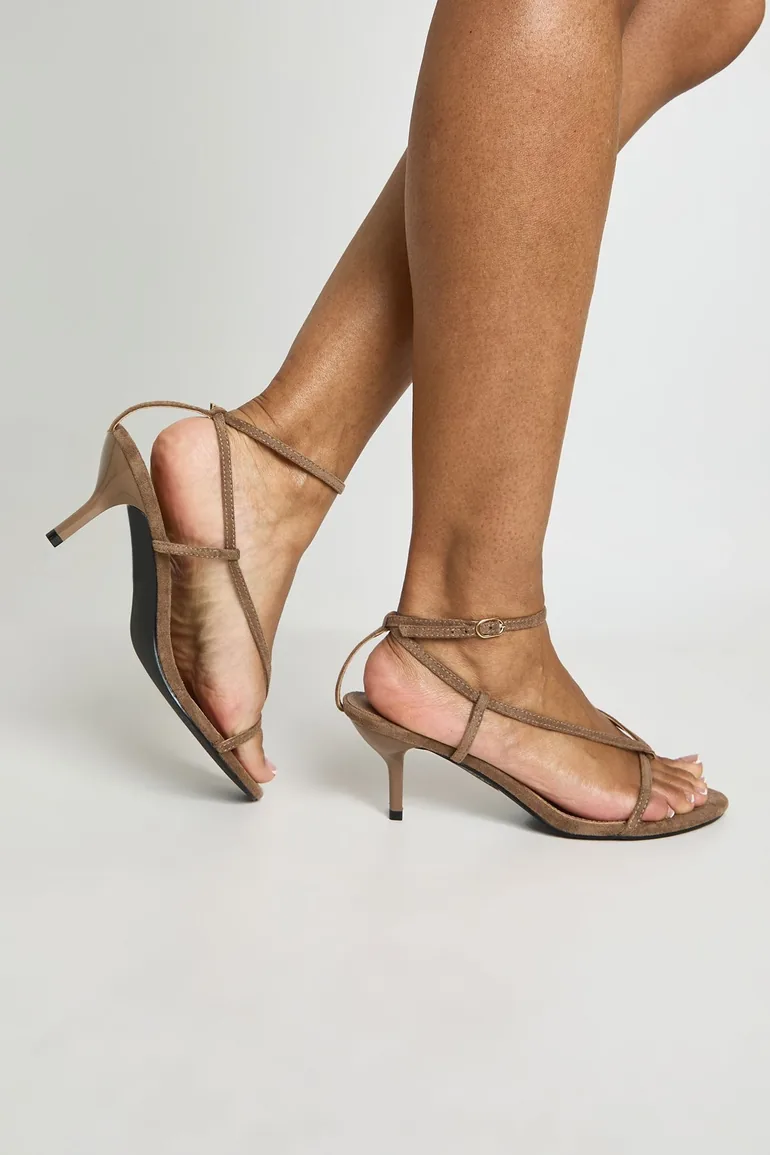Faux Suede Toe Post Strappy Heeled Sandals - taupe - 1