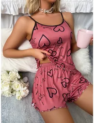 Pink Lettuce Edge Heart Print Cami and Shorts Set - 1