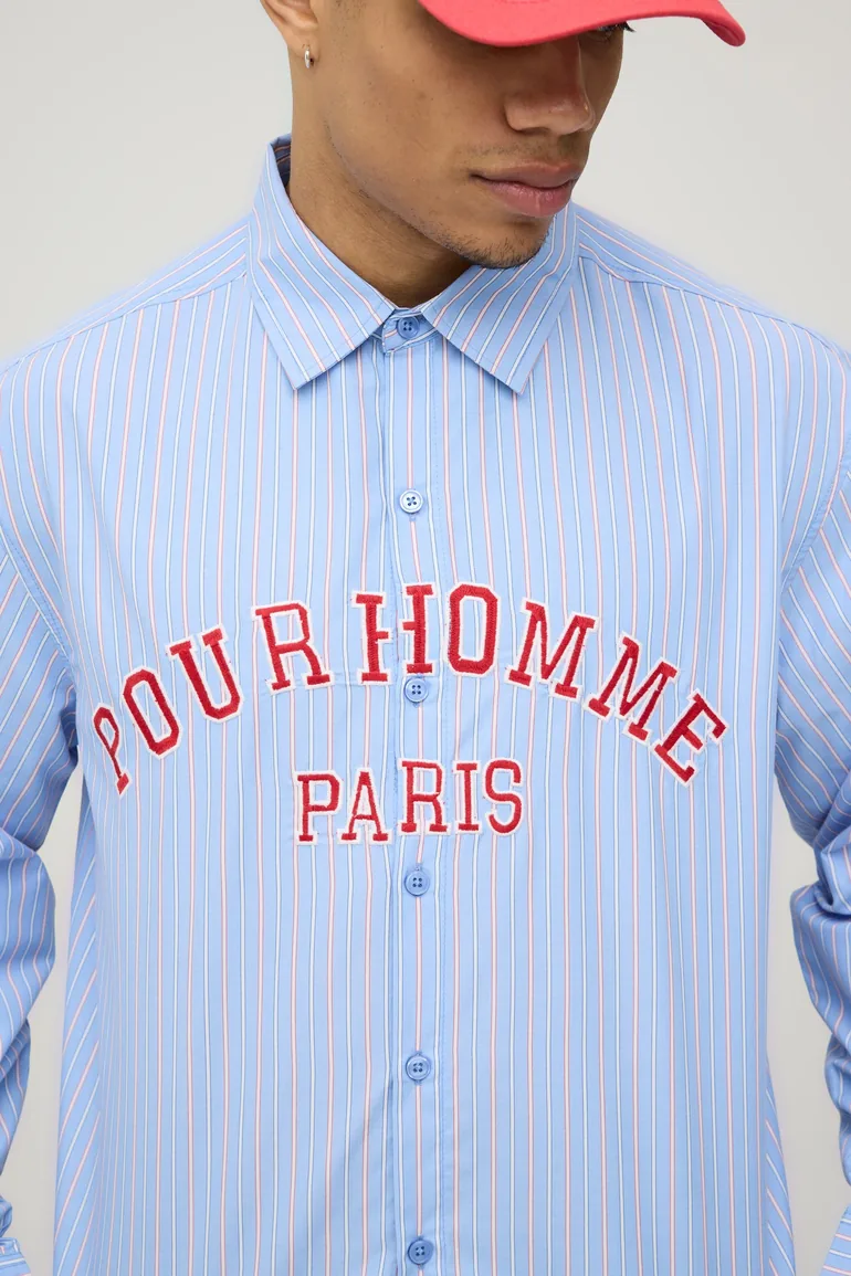 Boxy Curve Hem Long Sleeve Multi Stripe Shirt - blue - 2