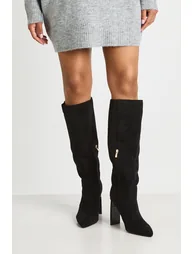 Faux Suede High Column Knee High Boots - black
