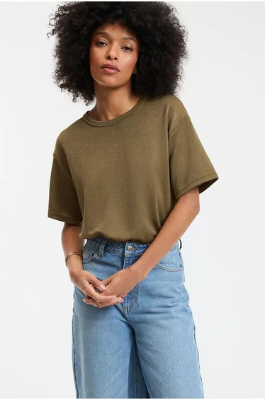 Sequined Crew Neck T-Shirt with Short Sleeves