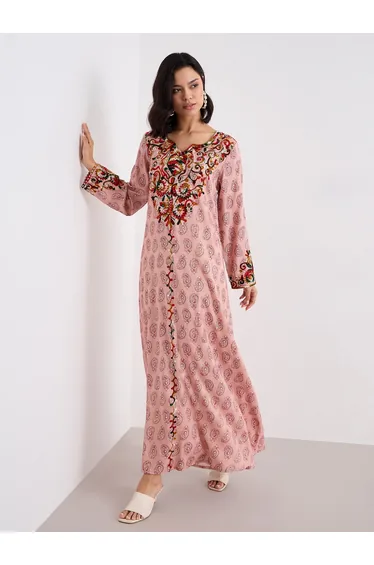 Women Pink Rayon Printed Jalabiya with Embroidery Detail