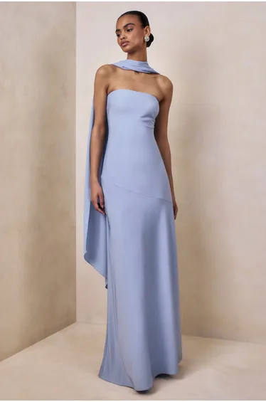 Charly | Powder Blue Satin Bandeau Maxi Dress With Scarf-Detail