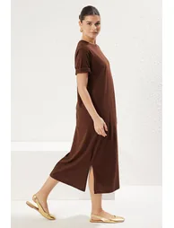 Dark Brown 100% Jersey Crew Neck Short Sleeve Midi Knitted T-shirt Dress - 1