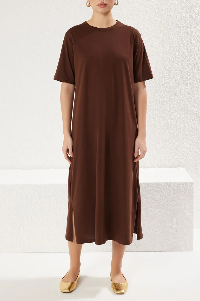 Dark Brown 100% Jersey Crew Neck Short Sleeve Midi Knitted T-shirt Dress - 2