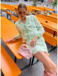 Green Flower Check Knitted Cardigan - 3