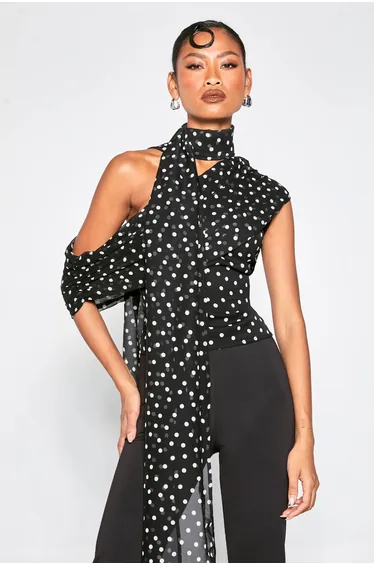 Polka Dot Chiffon Asymmetric Wrap Top - black