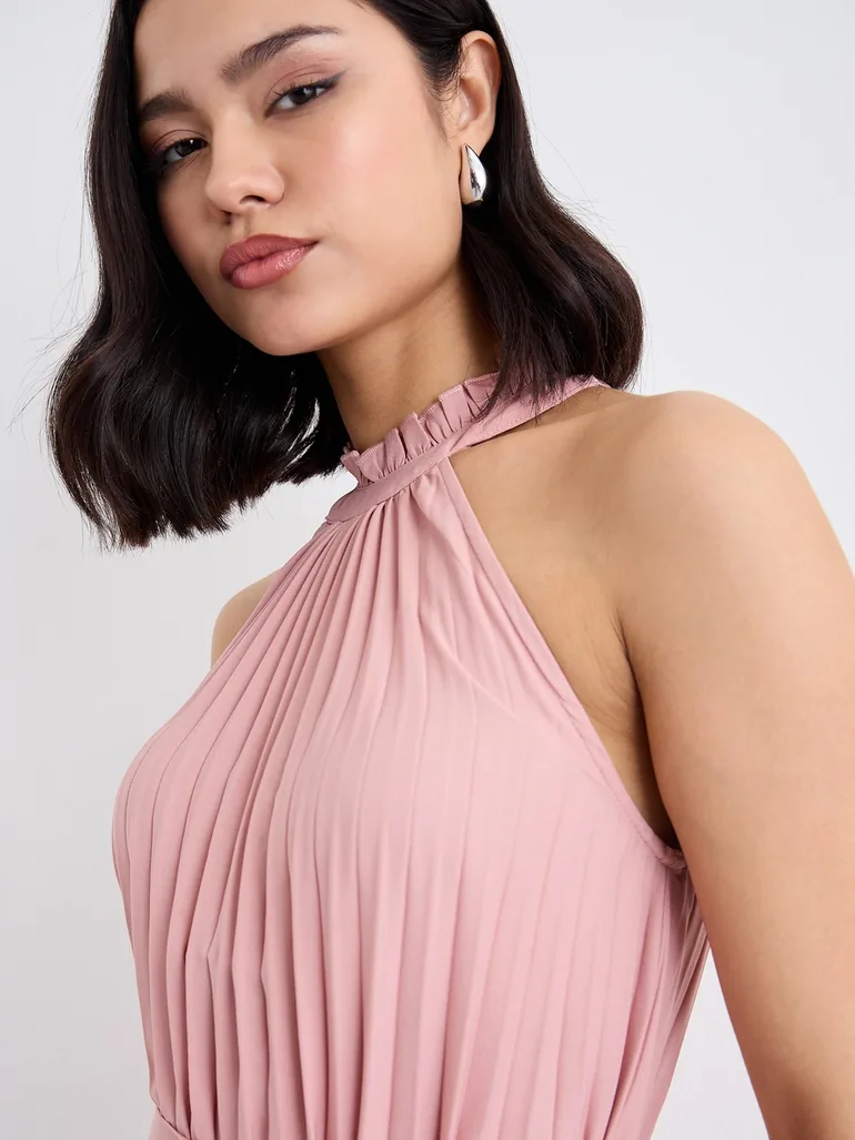 Pleated Halter Neck A-Line Maxi Dress - 2