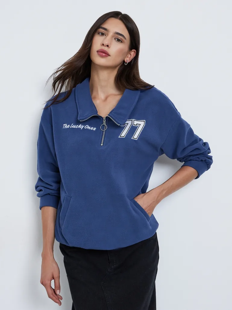 Navy Blue Polar Fleece Oversized Sweatshirt - 1