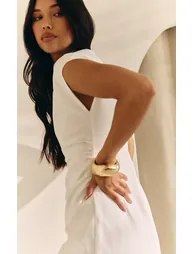 White Woven Cap Sleeve Cinched Waist Mini Dress - 3