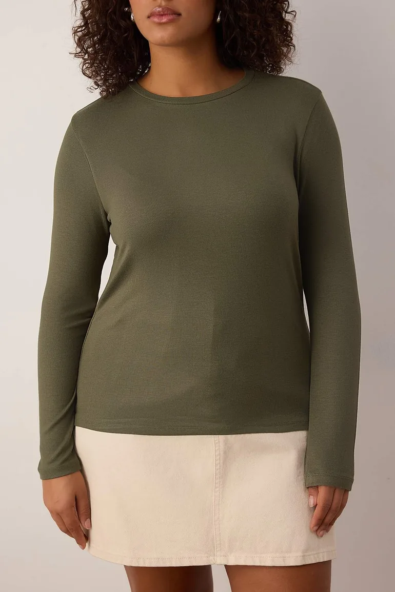 Khaki premium soft fabric viscose crew neck crop stretch knit blouse - 2