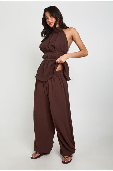 Cheesecloth Balloon Leg Trousers - chocolate product thumbnail 3