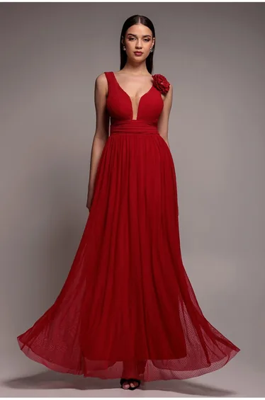 Goddiva Sleeveless Pleated Dobby Mesh Corsage Maxi Dress