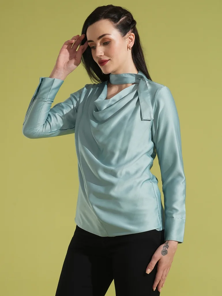 Solid Cowl Neck Stain Top with Tie-Up Detail - 1