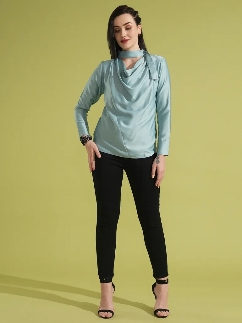 Solid Cowl Neck Stain Top with Tie-Up Detail - 4