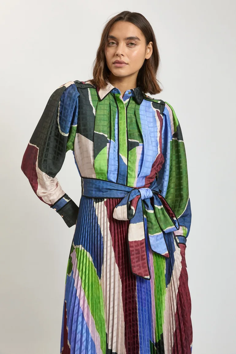 Harper's Bazaar Satin Geo Print Pleated Tie Waist Maxi Dress - 1
