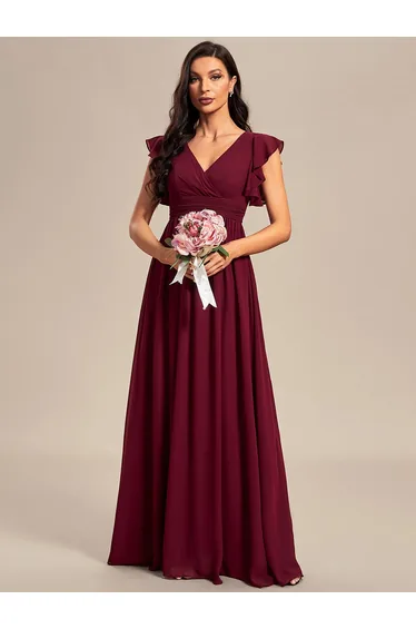 ever LILYANA|Back Cutout A-Line Pleated Ruffles Sleeve Chiffon Bridesmaid Dress