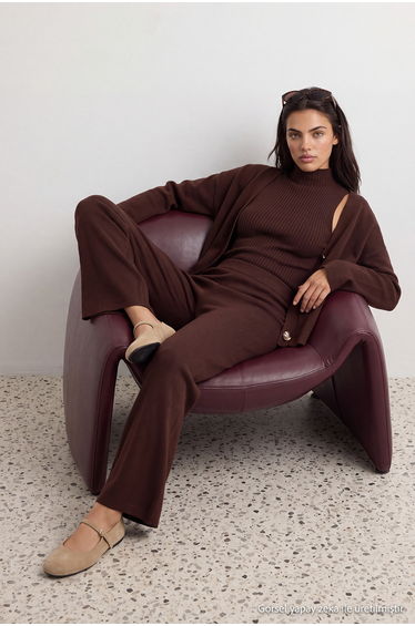 Brown Accessory Detailed 3-Piece Cardigan-Blouse-Pants Knitwear Set product thumbnail 2