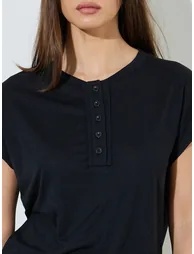 Black Plain Button Placket T-Shirt - 2