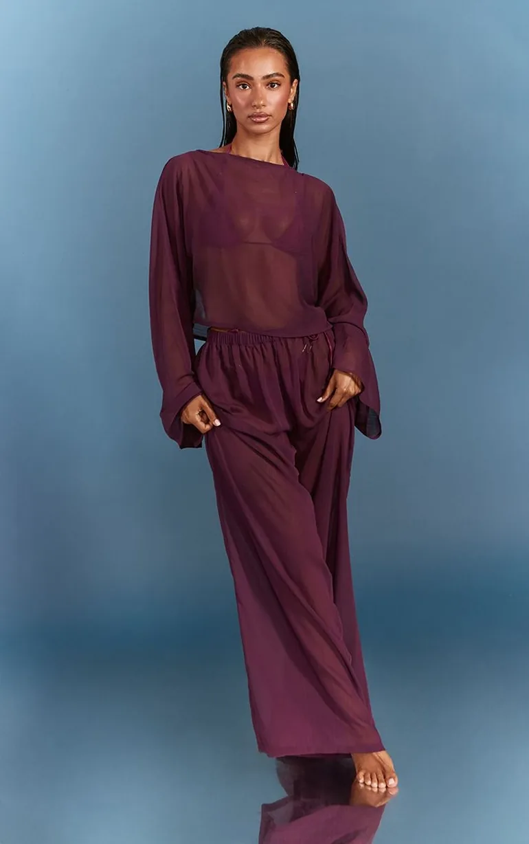 Plum Textured Chiffon Wide Leg Beach Trousers