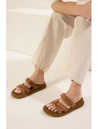 Tan Suede Velcro Banded Flat Women's Slippers - 1
