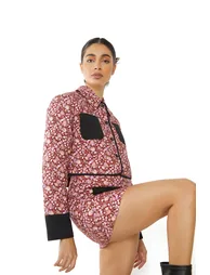 Glamorous Burgundy Chintz Black Button Front Padded Crop Jacket - 2