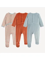Pack of 3 1-Piece Velour Pyjamas in Car and Stripes Print - 2