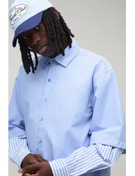 Oversized Stripe Faux Layer Long Sleeve Shirt - blue - 2