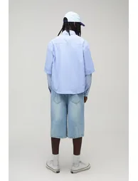 Oversized Stripe Faux Layer Long Sleeve Shirt - blue - 1