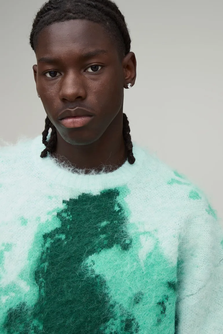 Relaxed Boxy Brushed Ombre Abstract Knitted Jumper - green - 2