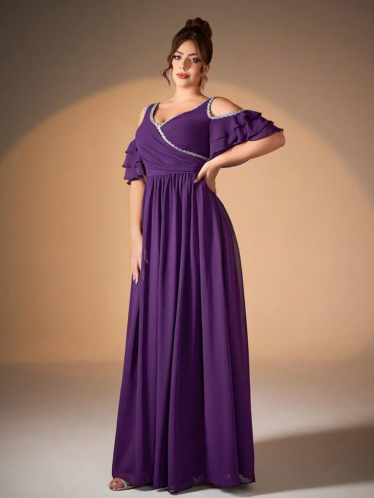 Leely Plus Women's Elegant V Neck Cold Shoulder Party Dress - 3
