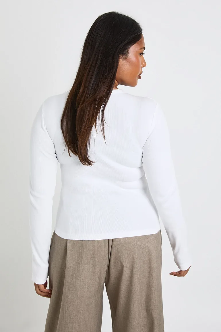 Plus Basic Rib Long Sleeve Fitted Longline Top - white - 2
