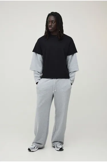 Oversized Boxy Triple Faux Sleeve Loopback T-Shirt And Jogger Set - multi
