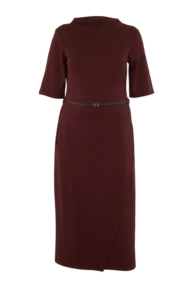 Brown Midi Belted Three Quarter Sleeve Knitted Plus Size Dress - 4