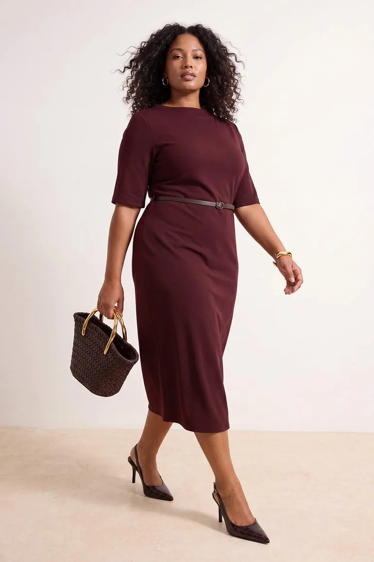 Brown Midi Belted Three Quarter Sleeve Knitted Plus Size Dress