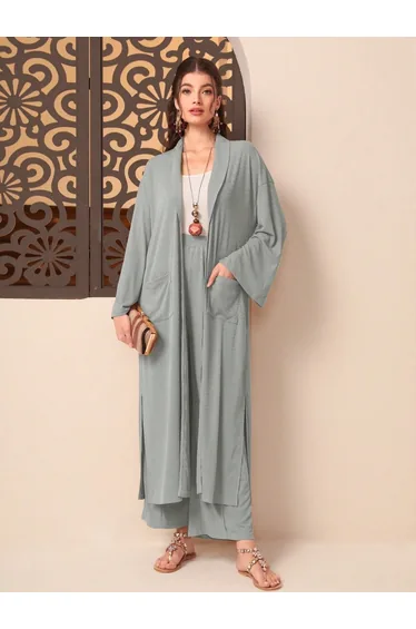 Women Grey Kimono and Wide Leg Trousers Co-Ords