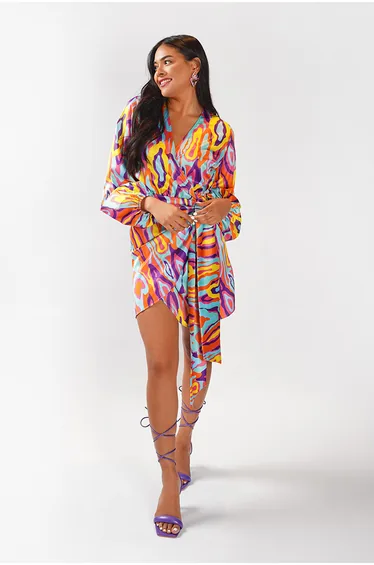 Ruched Bodycon Mini Wrap Dress with Long Sleeve