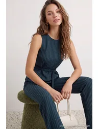 Navy Blue Striped Fitted Snap Fastener Belted Wide Leg Scuba Crepe Knitted Top and Bottom Set - 2