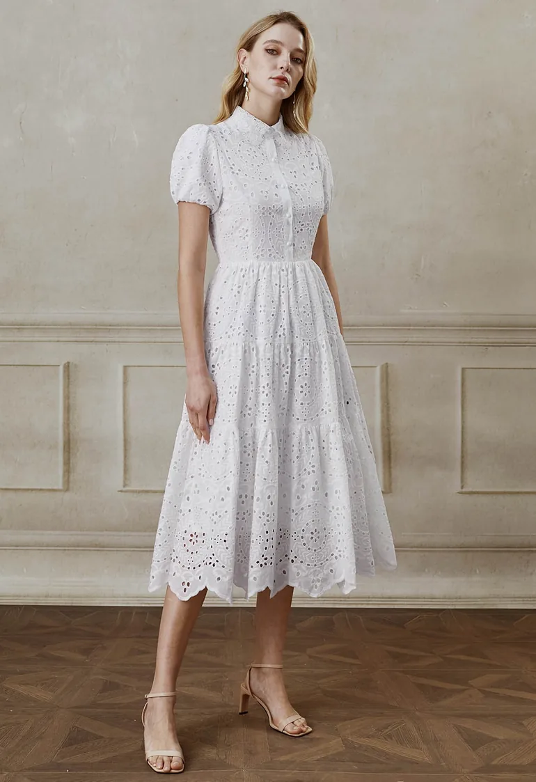 Crochet Collar Embroidered Eyelet Cotton Dress - 2