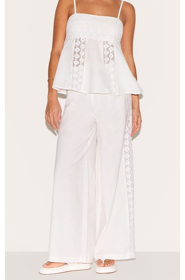 Petite White Linen Look Crochet Side Detail Wide Leg Trousers product thumbnail 2