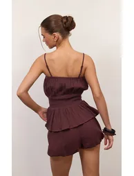 Brown Textured Cheesecloth Cinched Top - 2