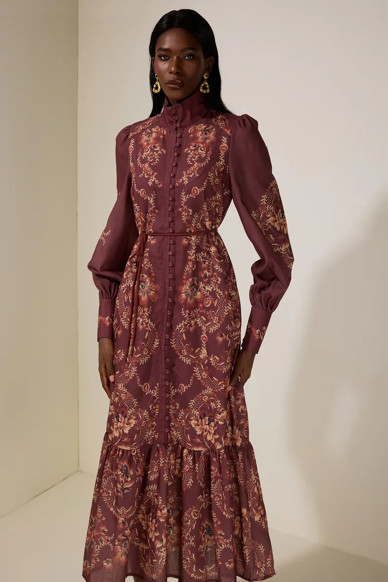 Floral Single Breasted Lantern Sleeve Midi Dress - 2