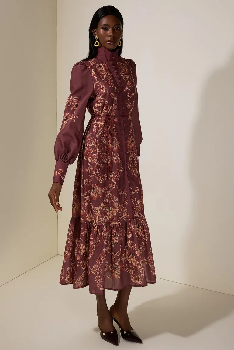 Floral Single Breasted Lantern Sleeve Midi Dress - 5