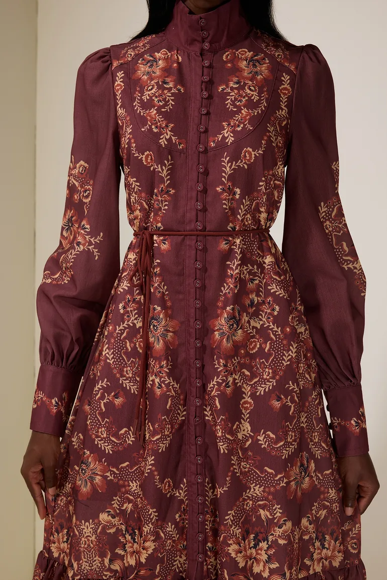 Floral Single Breasted Lantern Sleeve Midi Dress - 6
