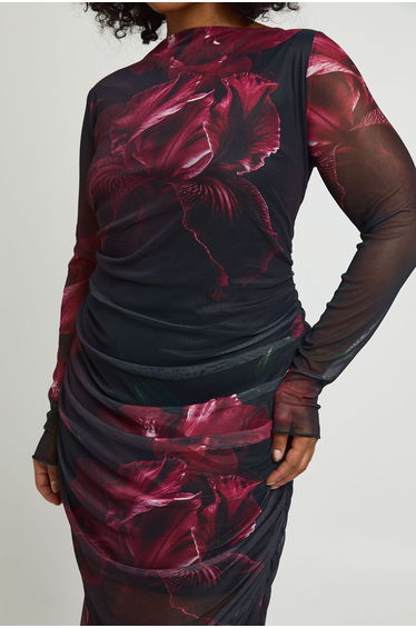Plus Blurred Floral Ruched Mesh Maxi Dress - burgundy product thumbnail 4