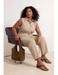 Khaki Shirt Collar Sleeveless Gabardine Woven Plus Size Jumpsuit