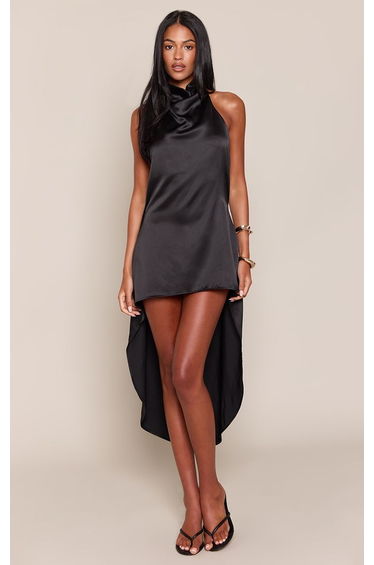 Black Satin High Neck Asymmetric Midi Dress