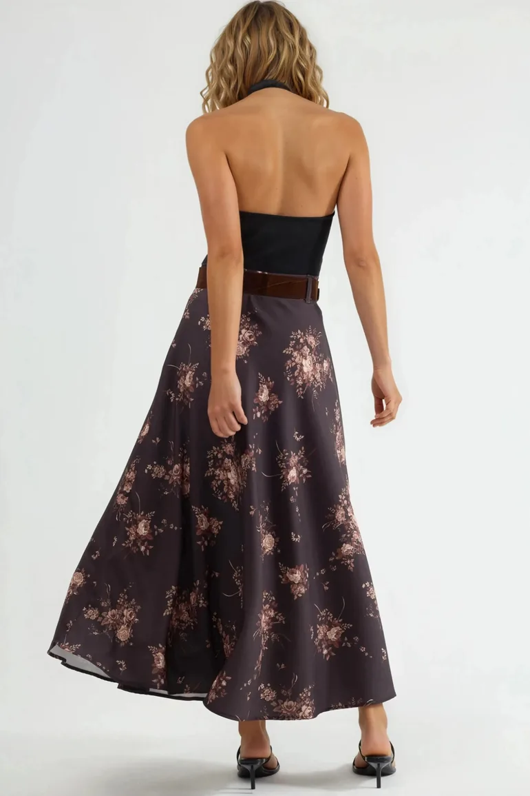 QU STYLE High Waist Floral Belted Maxi Skirt - 3